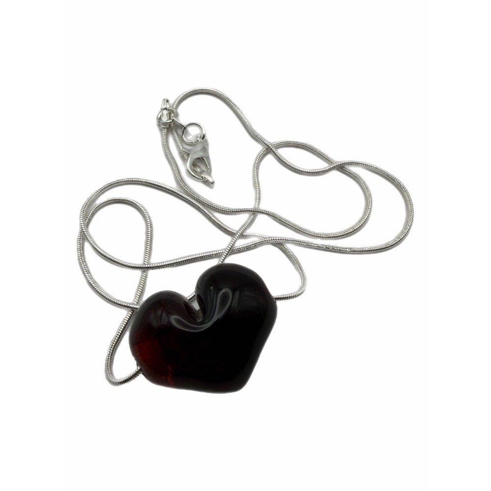 Deep Red Glass Heart Pendant Necklace Silver Tone Snake Chain Romantic Jewelry